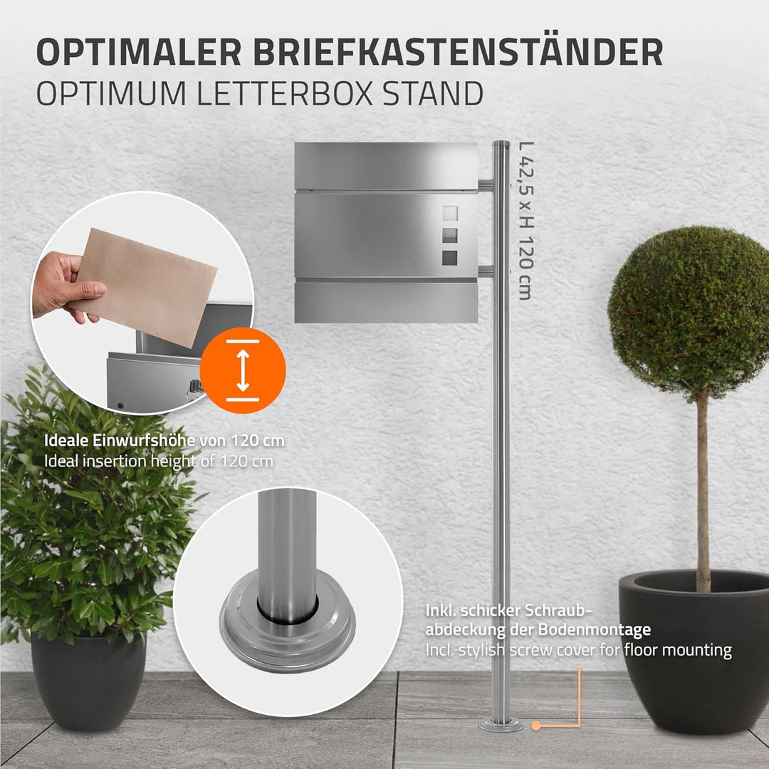 ML-Design Briefkastenständer aus Edelstahl, Silber metallic, Gesamthöhe 120 cm, Rund, Freistehend, B