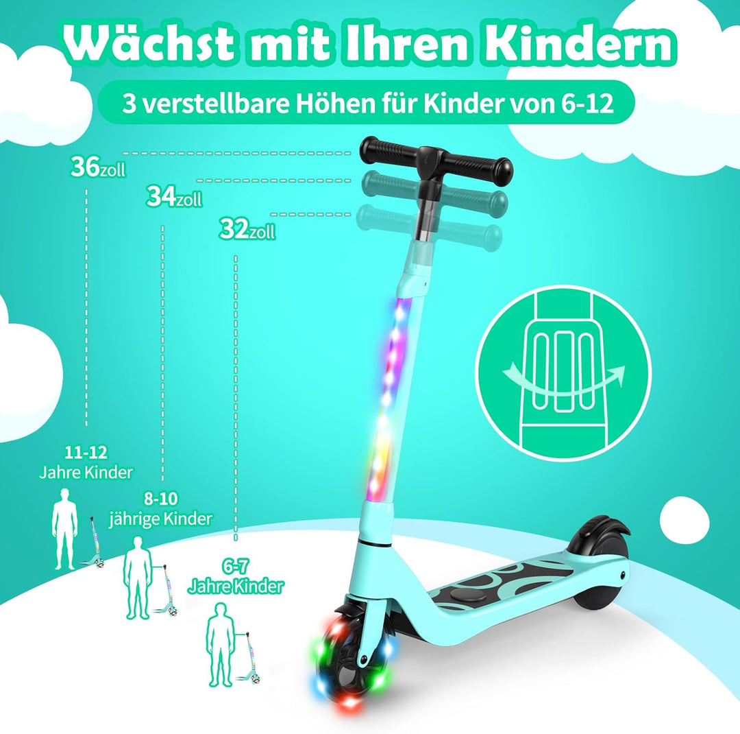 SISIGAD E Scooter Kinder für 6-12 Jahre, E Roller Kinder 5.3 Zoll Kinderroller mit Blinkende LED-Leu