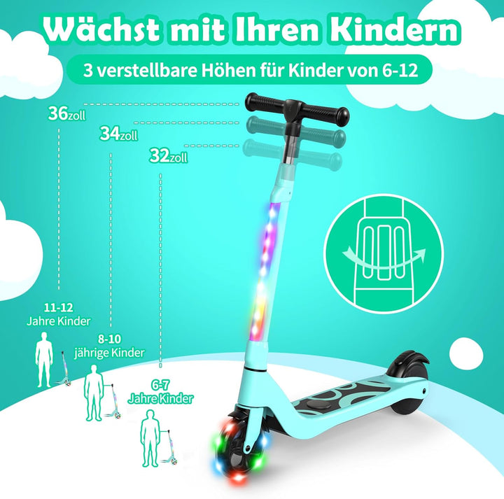 SISIGAD E Scooter Kinder für 6-12 Jahre, E Roller Kinder 5.3 Zoll Kinderroller mit Blinkende LED-Leu