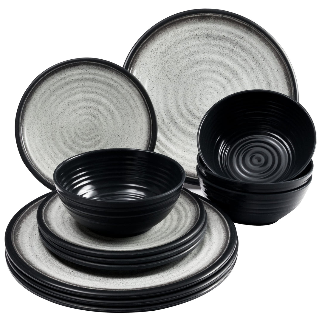 Melamin Geschirr Set für 4 Personen Grau Granit-Optik 12 Teile - Campinggeschirr Geschirrset Tafelge