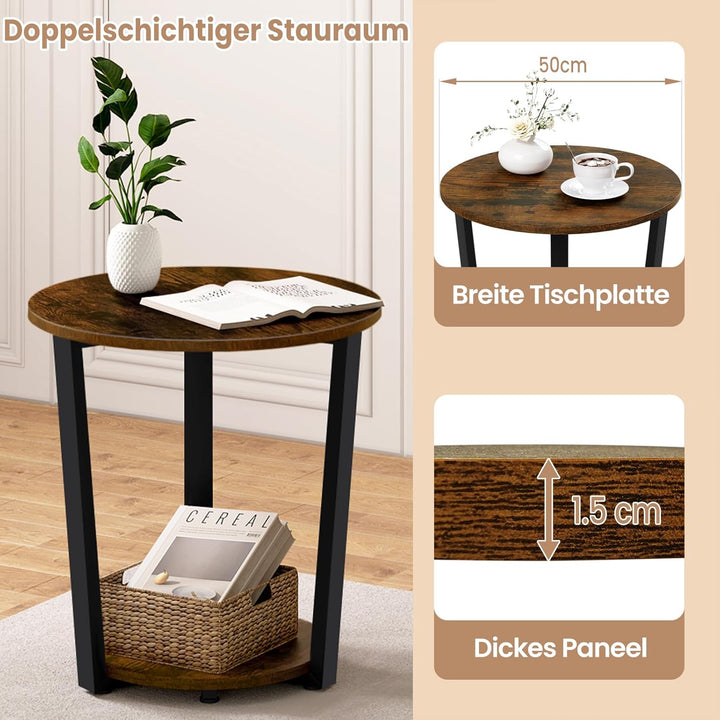 WOLTU Couchtisch rund, Beistelltisch modern, Wohnzimmertisch klein, Sofatisch mit 2 Ablagen, Wohnzim