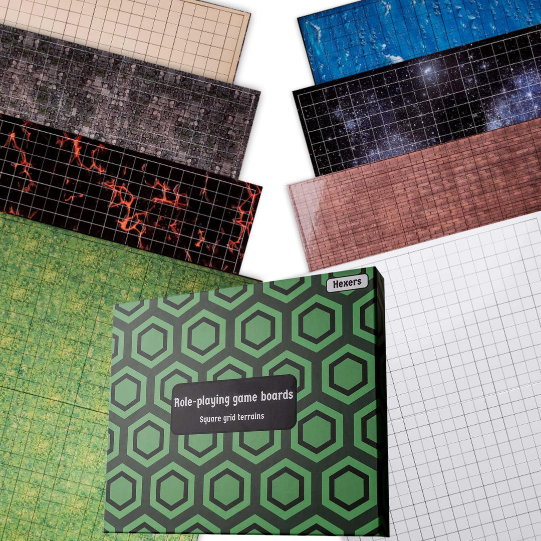 Hexers Role-Playing Game Board, Square Grid Terrains, 8 Different terrains, Dungeons and Dragons DND