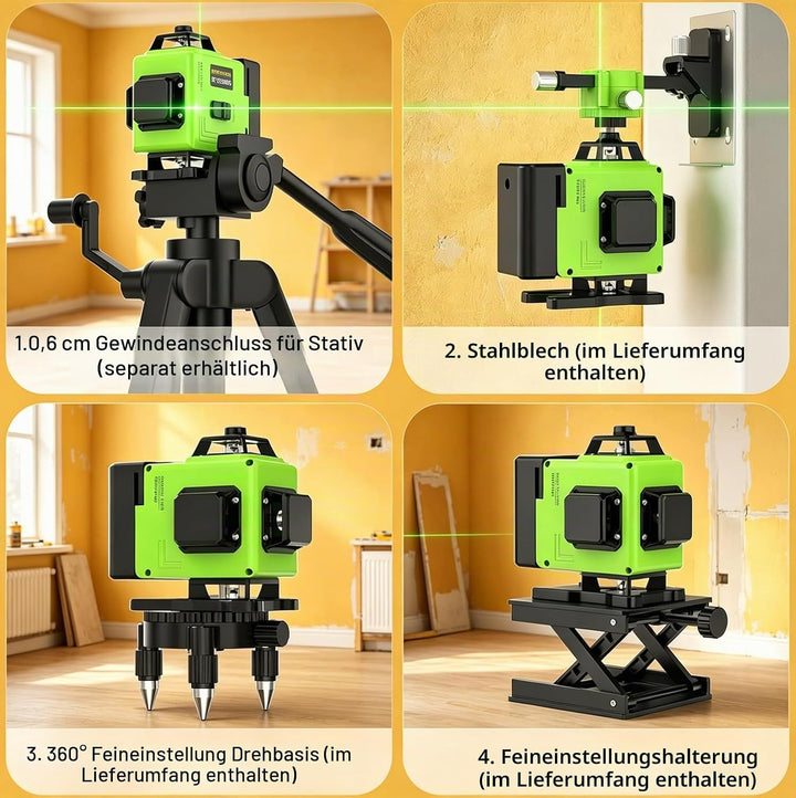 4D Kreuzlinienlaser Grün 360° Selbstnivellierend – 16 Linien Baulaser Set mit Einstellbarer Helligke