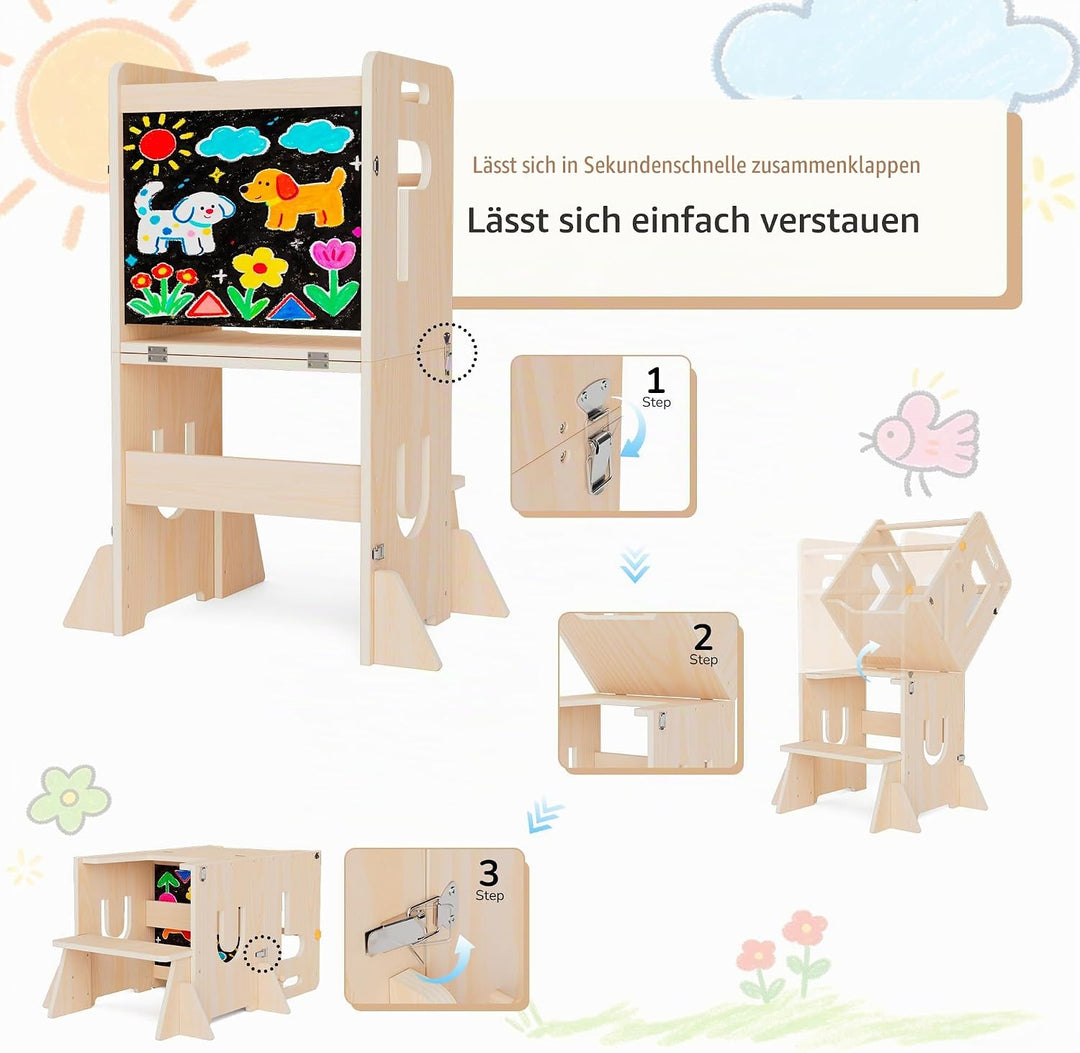 Lernturm für Kinder, klappbarer 3-in-1 Küchenhelfer Tritthocker aus Holz mit Kreidetafel, mit Sicher