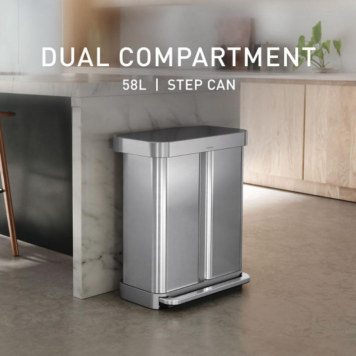simplehuman CW2209 58 Liter, Rechteckiger Doppelfach Treteimer mit Beutelfach, Mülltrennsystem 2 Fac