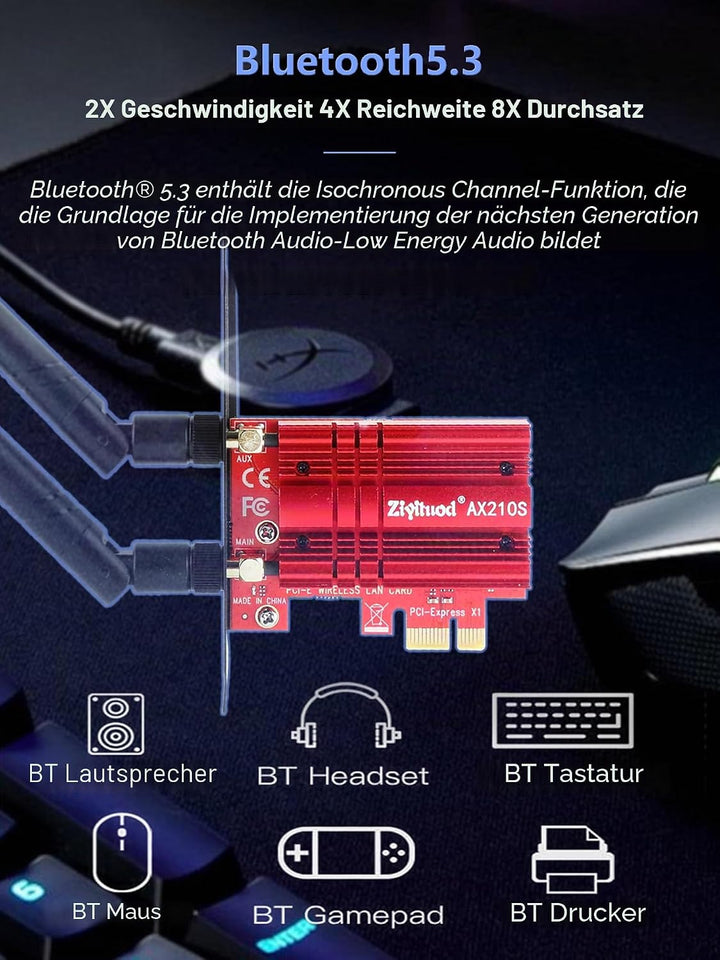 ZYT WLAN Karte, Intel AX210 Bluetooth5.2, Bis zu 5400Mbit/s Tri-Bands(6G/5G/2.4G) WLAN PCIe WiFi 6 K