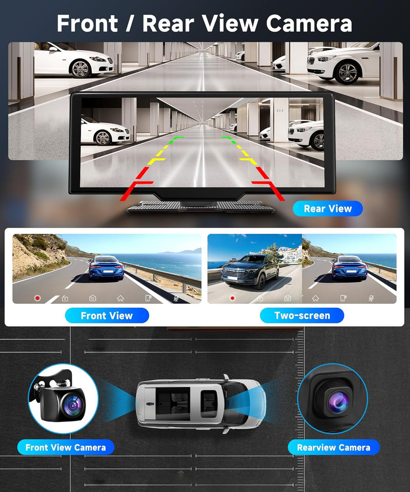 Podofo Tragbar Wireless Apple Carplay Bildschirm mit 2K Dashcam Vorne und HD Rückfahrkamera, 9,3-Zol