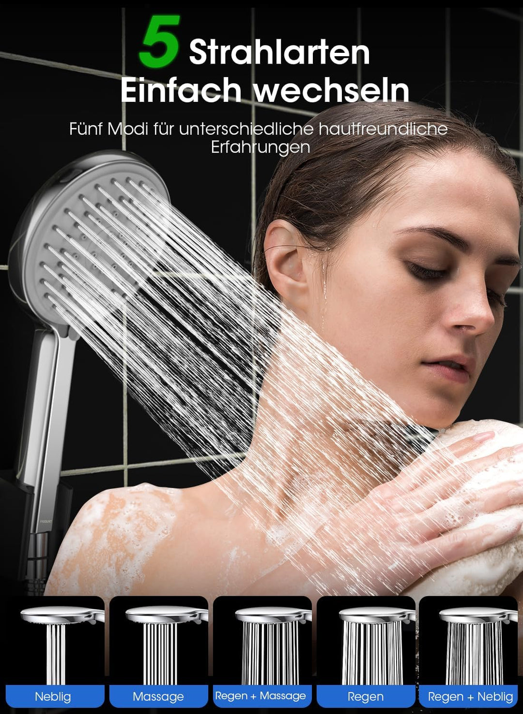 FASDUNT Grohe Duschkopf Wassersparend mit Schlauch 2M,Druckerhöhend Duschbrause Dusche Regendusche S