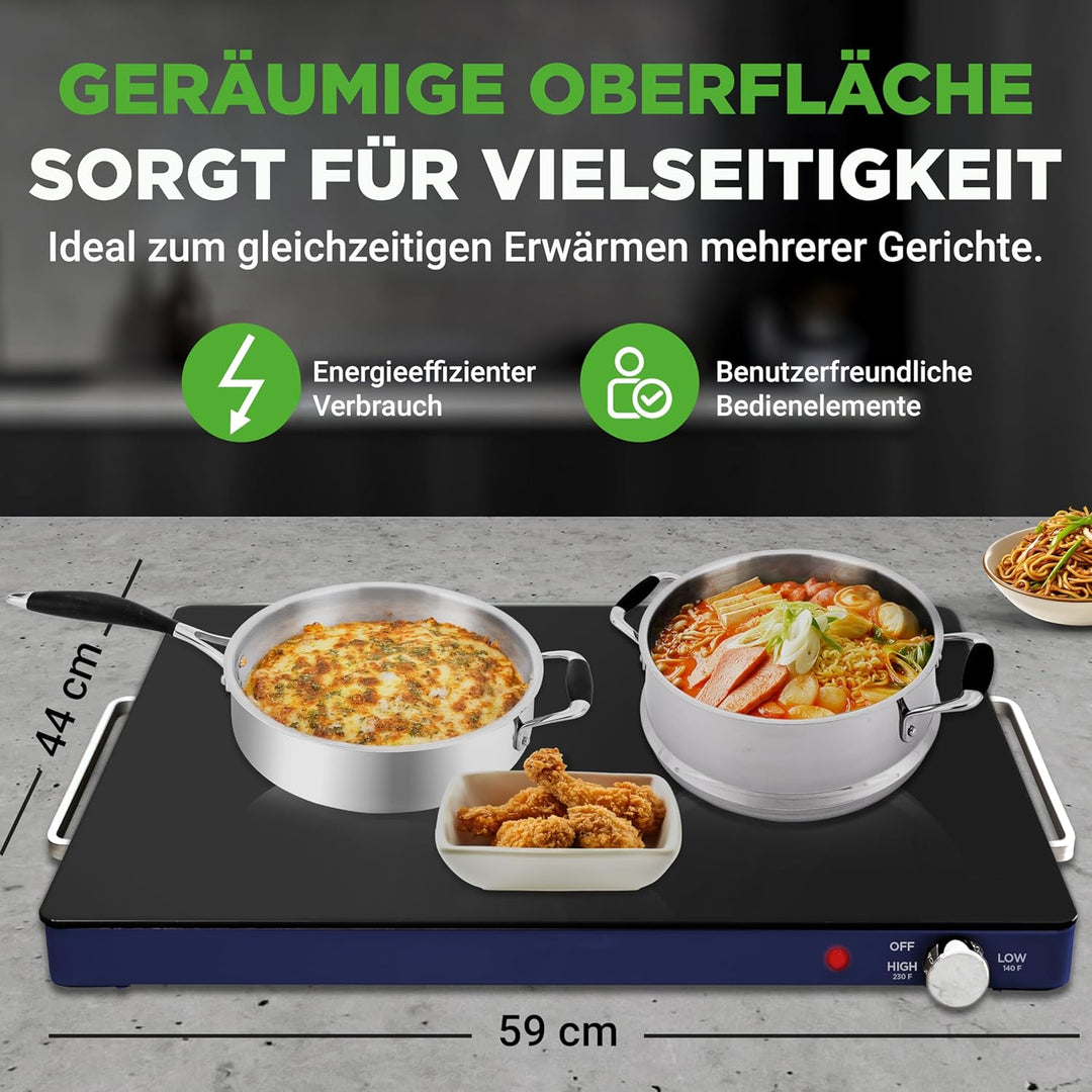 NutriChef Kochplatte elektrisch – Warmhalteplatte 54×42cm mit Temperaturregelung 60–110°C, 180W Warm