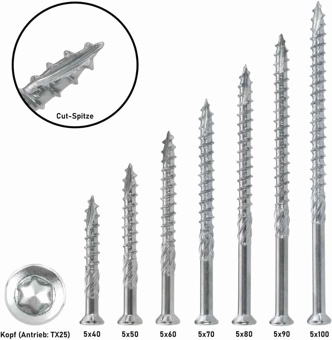 Terrassenschrauben 5 x 60 T-INOX 400 Stück Edelstahl gehärtet C1, Torx 25, inkl. Edelstahl Bit 400 S