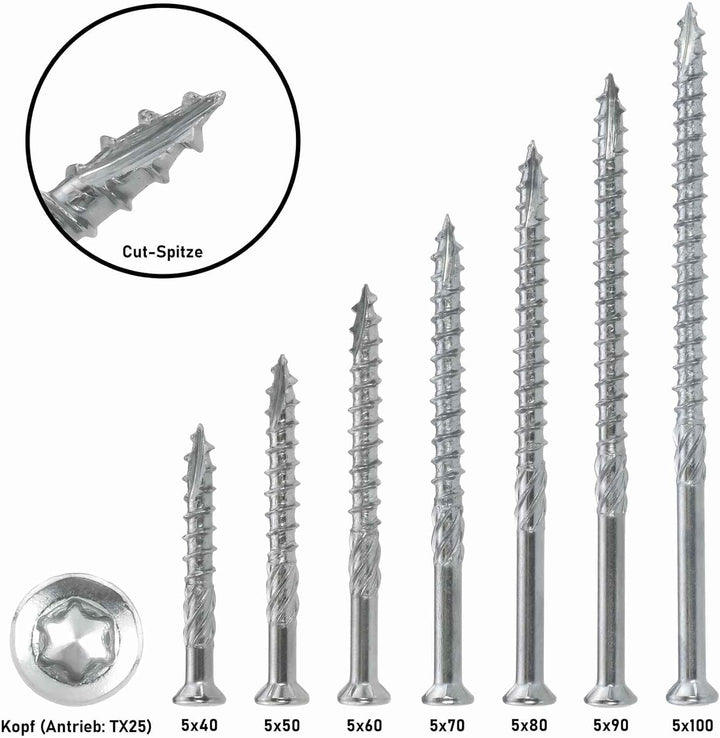 Terrassenschrauben 5 x 60 T-INOX 400 Stück Edelstahl gehärtet C1, Torx 25, inkl. Edelstahl Bit 400 S