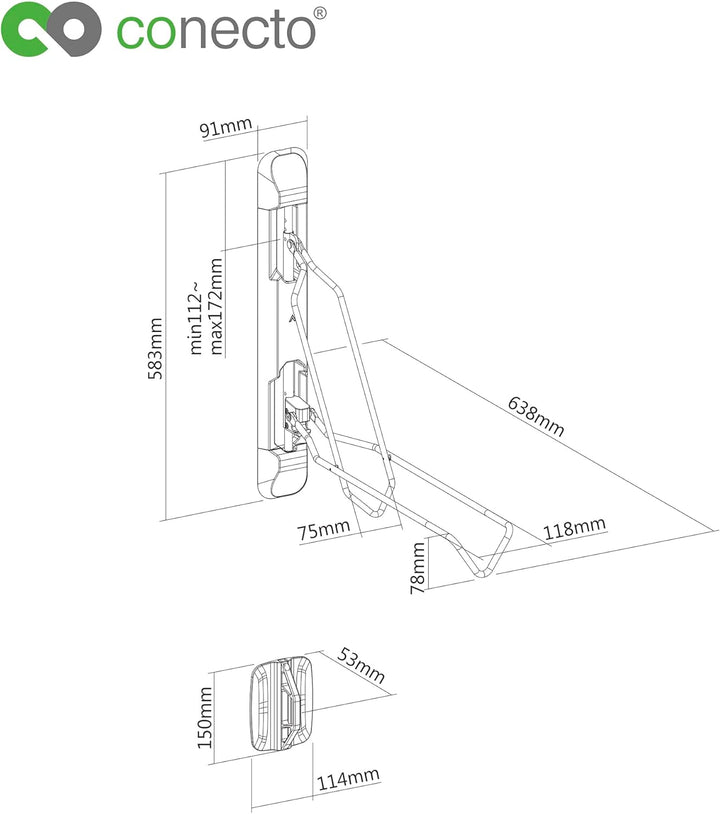 conecto Fahrrad-Wand-Halterung, 2.1 bis 2.8 Zoll Reifenbreite, 60° schwenkbar, 5-stufige Höhenverste