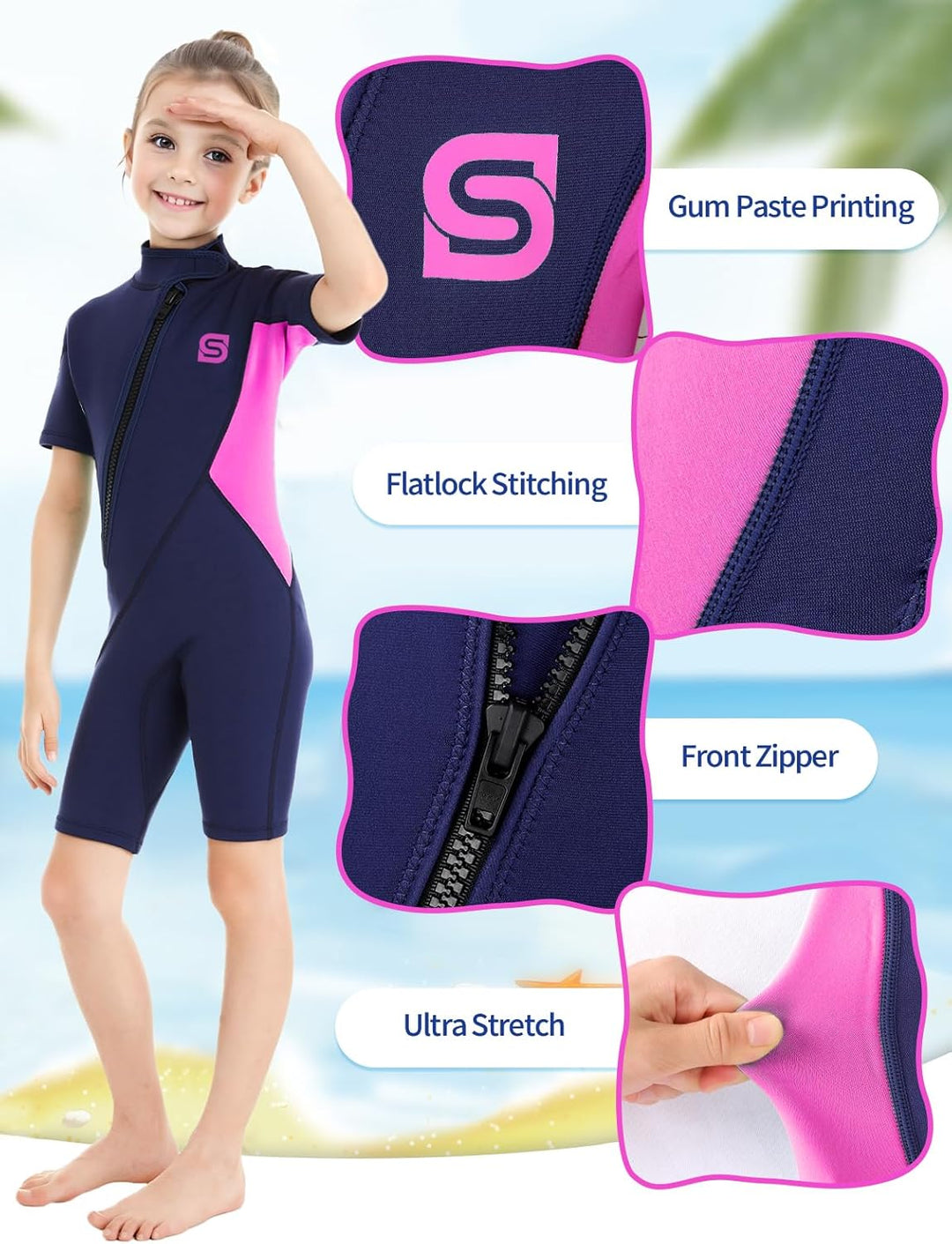 Neoprenanzug Kinder，2MM Neopren Shorty Wärmender Badeanzüge für Mädchen Jungen Thermal Taucheranzug