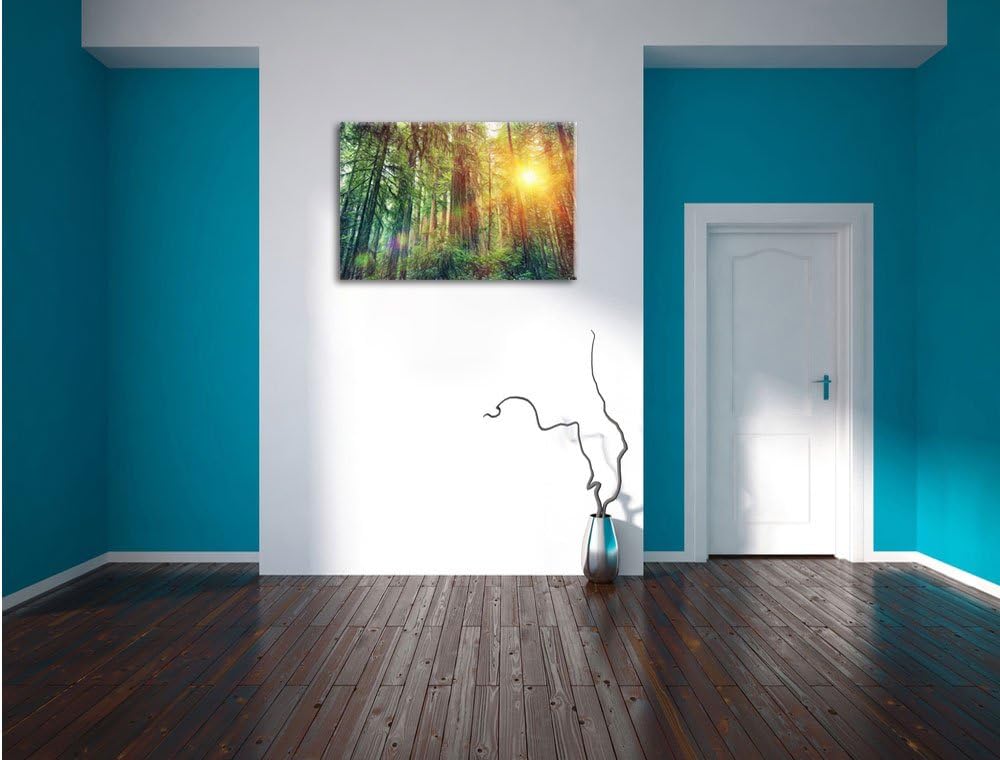 Pixxprint Wald bei Sonnenlicht als Leinwandbild | Grösse: 100x70 cm | Wandbild | Kunstdruck | fertig