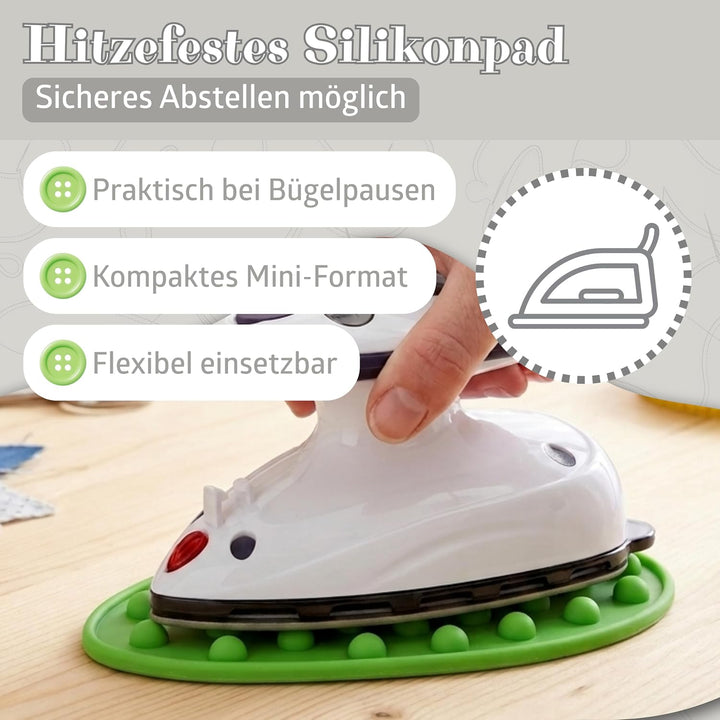 Prym Mini Dampf Bügeleisen Mit SEMPLIX Silikon Ablage (grün) Im Set, Kleines Leichtes Dampf Bügeleis