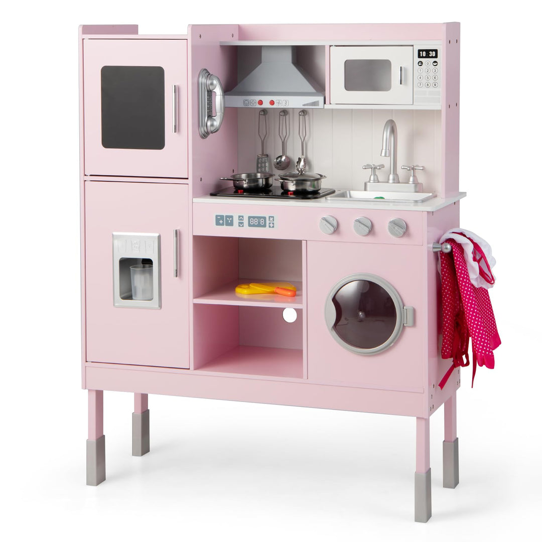COSTWAY Kinderküche Holz, Spielküche mit Licht und Sound, Holzküche mit Tafel, Mikrowell, Spüle, Ofe