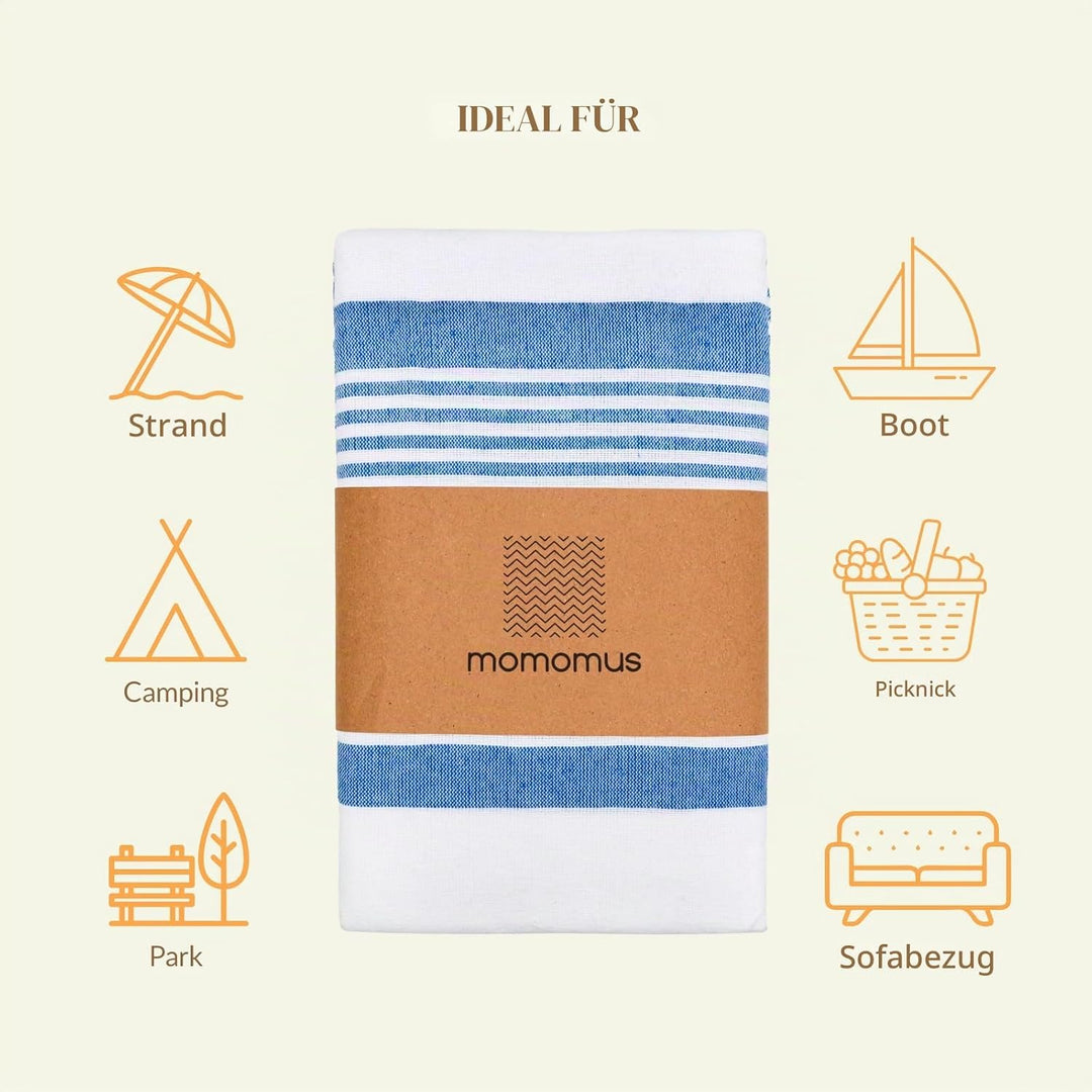 MOMOMUS Stranddecke Sandfrei XXL im Fouta-Stil – mit Boho-Abschluss, Leicht und Kompakt – Grosse Str