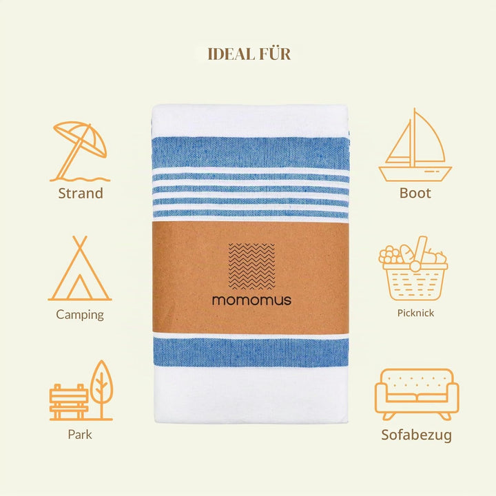 MOMOMUS Stranddecke Sandfrei XXL im Fouta-Stil – mit Boho-Abschluss, Leicht und Kompakt – Grosse Str