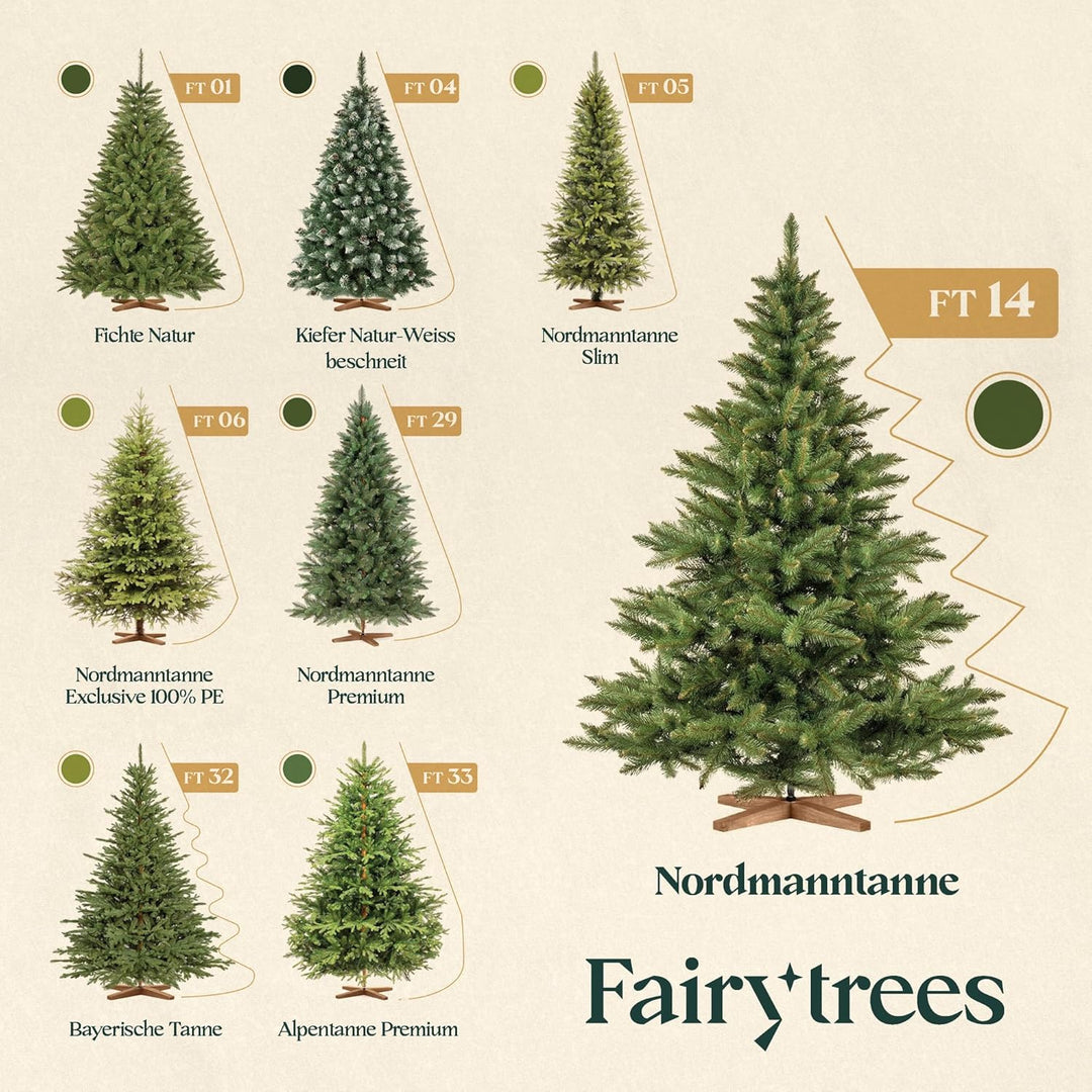 FairyTrees Weihnachtsbaum künstlich 150cm NORDMANNTANNE mit Christbaum Holzständer | TESTSIEGER Tann