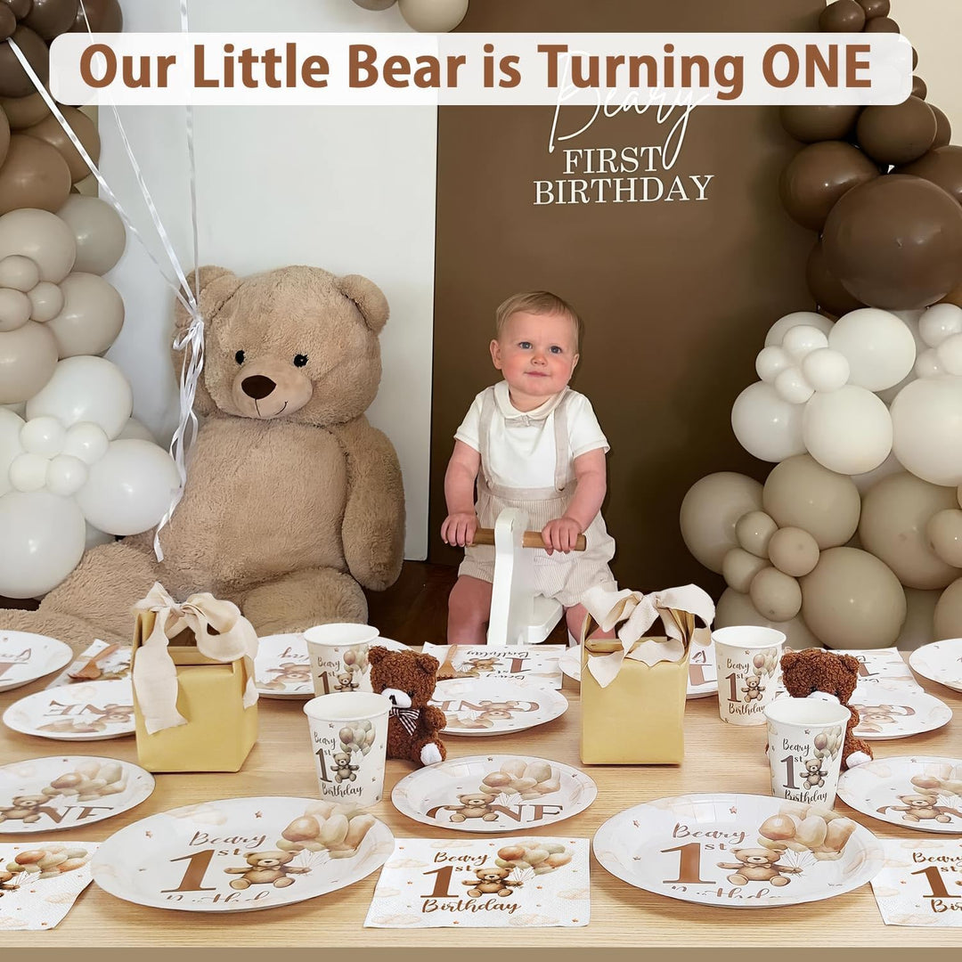 1. Geburtstag Junge Partygeschirr set für 25 Gäste, 100pcs Teddybär wiederverwendbare Pappteller für
