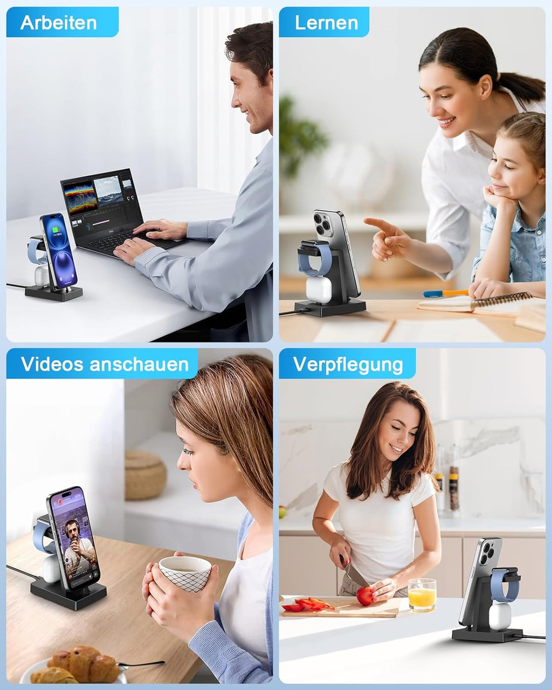 Ladestation für mehrere Geräte – ADADPU 30W USB C Schnellladestation,3 in 1 Kabelloser Ladeständer f