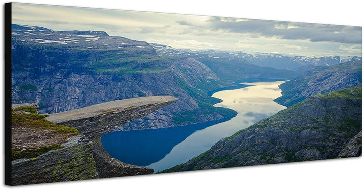 Paul Sinus Art Panoramabild auf Leinwand und Keilrahmen 150x50cm Norwegen Fjord Berge Fluss Natur