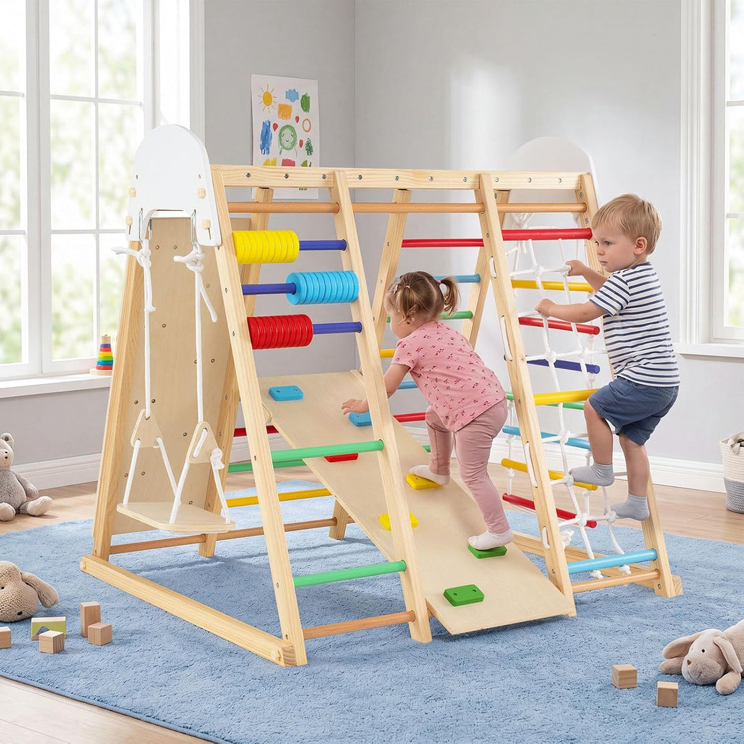 COSTWAY 8 in 1 Indoor Klettergerüst aus Holz für Kinder ab 3 Jahren (Bunt) | Klappbares Kletterspiel