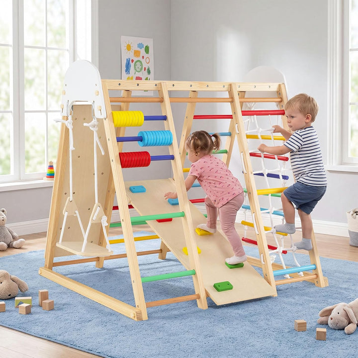 COSTWAY 8 in 1 Indoor Klettergerüst aus Holz für Kinder ab 3 Jahren (Bunt) | Klappbares Kletterspiel