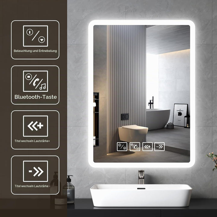Badspiegel mit Beleuchtung mit Bluetooth Lautsprecher 50x70cm,Runden LED Badezimmerspiegel mit Entfo