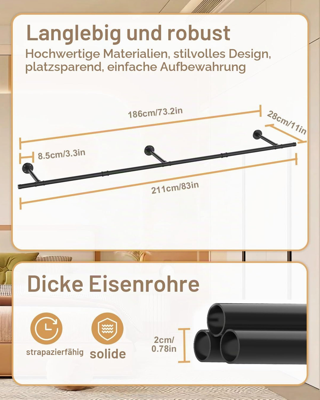 Kleiderständer für Wand, Garderobenstange Wandmontage, Kleidergestell Garderobenhalter, DIY Garderob