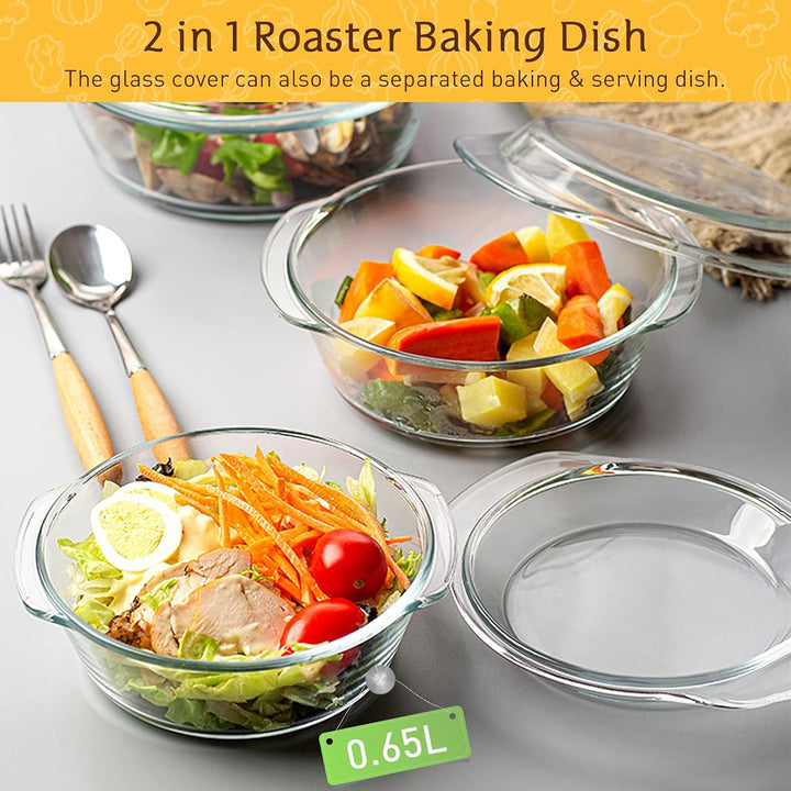 Klein Glas Auflaufform, 0,65L 15cm Glas Auflaufform mit Deckel, Runde Glas Auflaufform mit Deckel, O