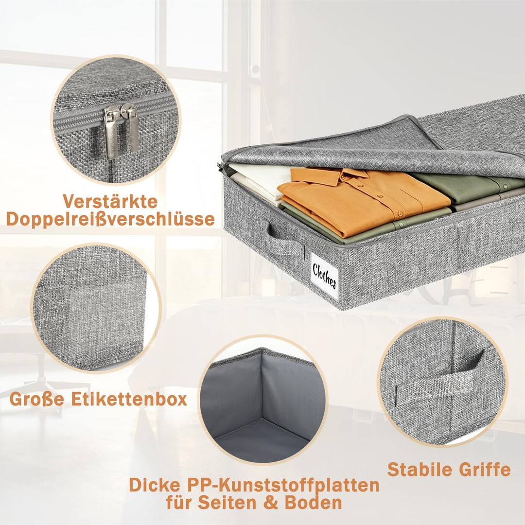 Unterbett Aufbewahrungsbox 12 cm mit Deckel, 2 Stück Faltbare Unterbettkommode Stabil, Platzsparend