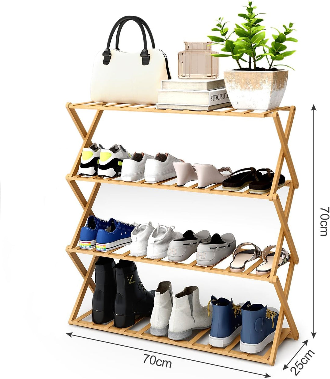 Trintion Schuhregal, 70×70cm Faltbares Schuhregal Aus Bambus Mit 4 Ebenen, 16 Paar Schuhe Schmal, Ho