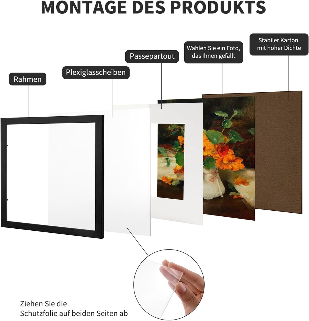 Bilderrahmen 25x25cm Schwarz mit Passepartout Fotorahmen Holz mit Acrylglas zum Senkrechten Oder Waa
