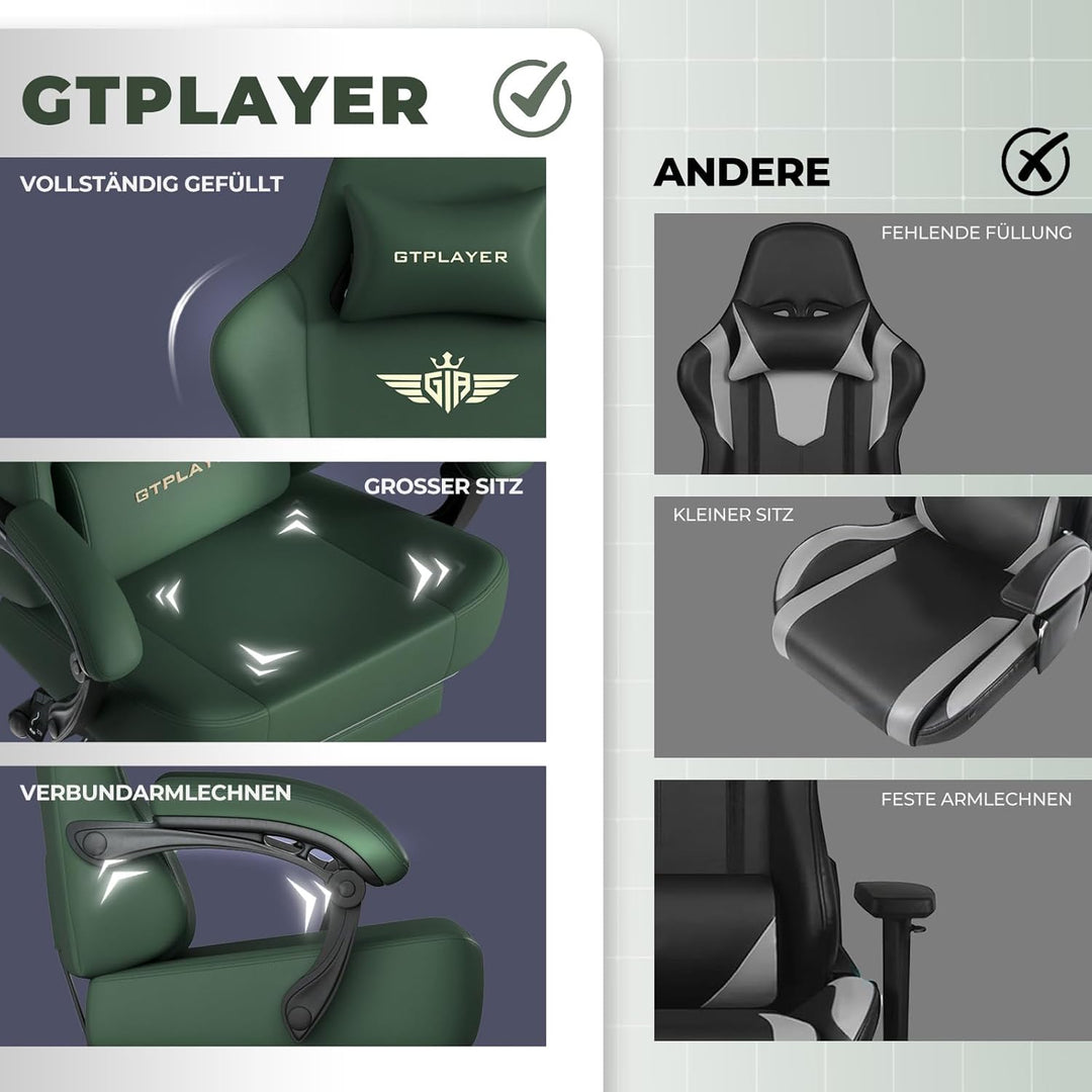 GTPLAYER Gaming Stuhl, Atmungsaktiver Bürostuhl, bürostuhl ergonomisch, Hochwertiger - Kunstleder, E