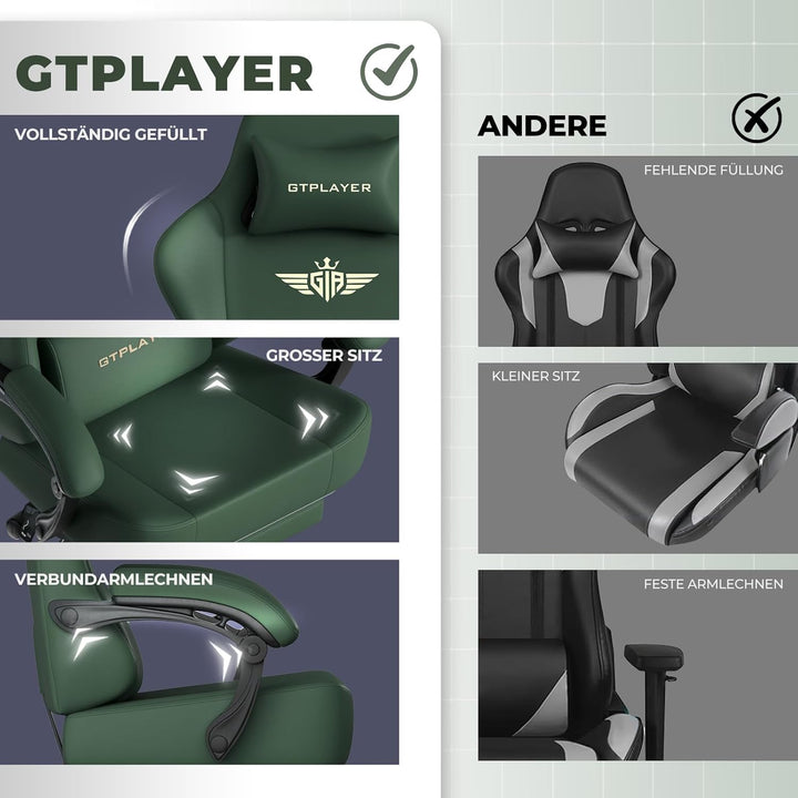 GTPLAYER Gaming Stuhl, Atmungsaktiver Bürostuhl, bürostuhl ergonomisch, Hochwertiger - Kunstleder, E