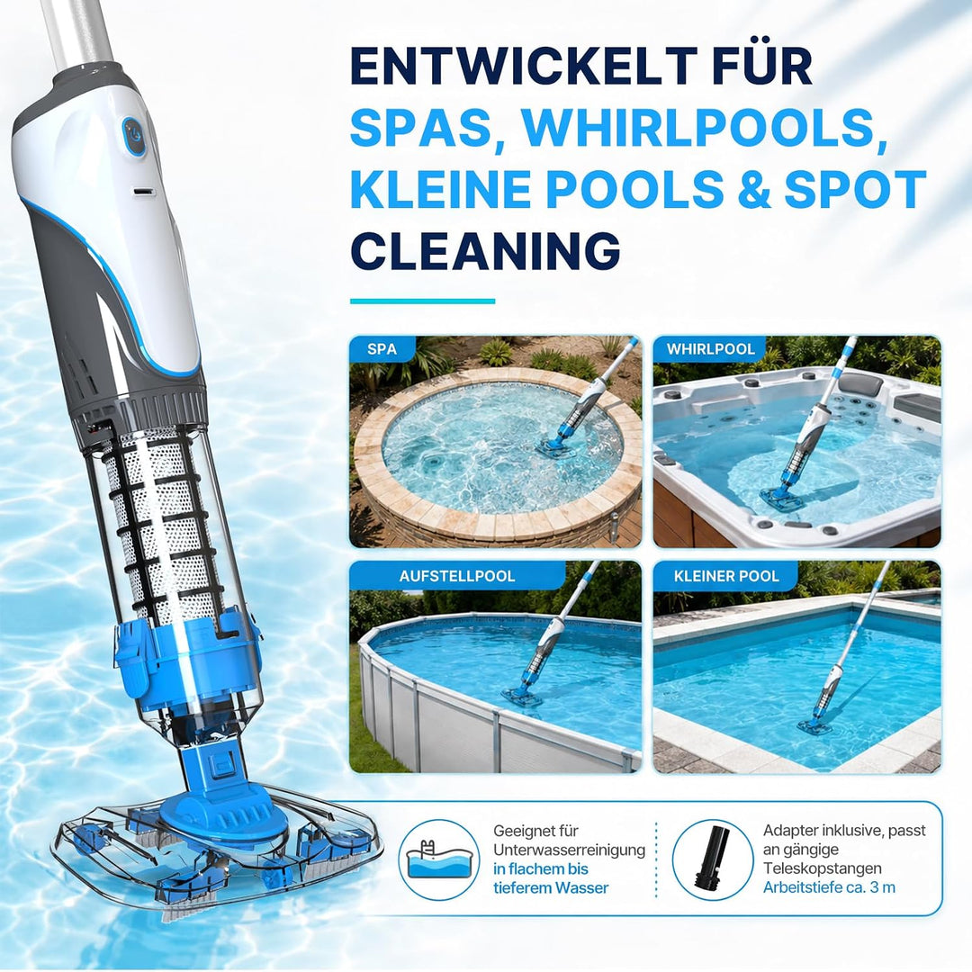 Neuheit 2026 Poolsauger Akku, Pool Staubsauger Handsauger Kabellos, Doppelte Filtration Pool Bodens