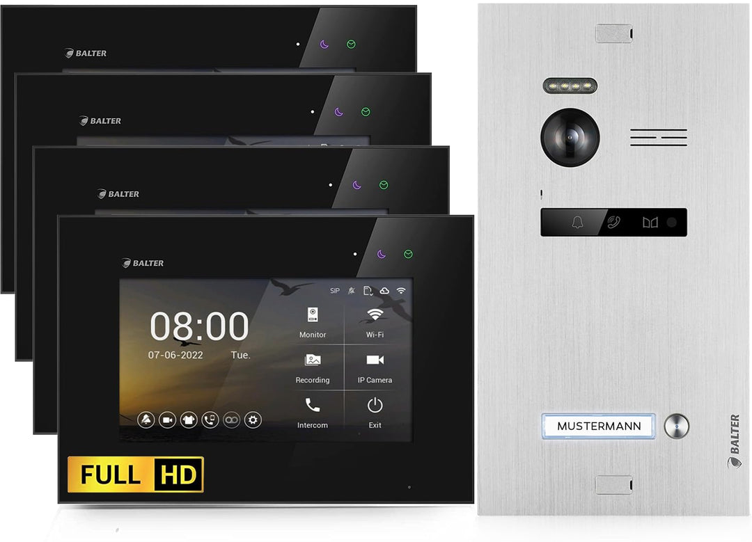 Balter EVO-HD Video Türsprechanlage, Video Türklingel, 1 Familienhaus Klingel, 4X 7 Zoll HD-Monitore