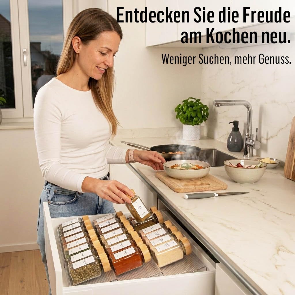 Deco haus® Gewürzregal Schublade [MIT 24 GEWÜRZGLÄSER & ETIKETTEN] - Gewürz Organizer Schublade - Ge