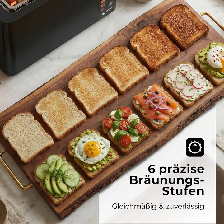 Balter Toaster 4 Scheiben Touch Bedienung, Langschlitz, Edelstahl, Brötchenaufsatz, LCD Display Rest