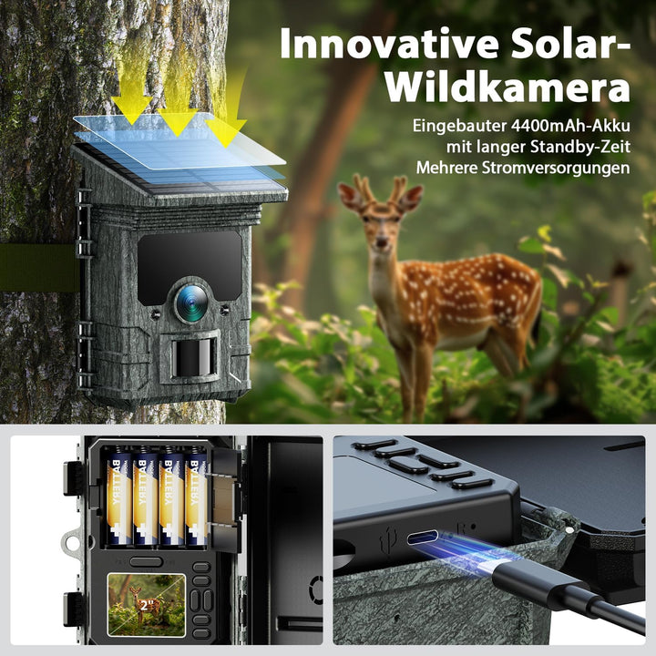 VOOPEAK Wildkamera Solar WLAN 4K UHD 46MP, Bluetooth Wildkamera mit Handyübertragung APP, Wildtierka
