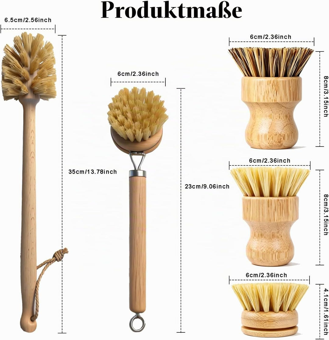 5 Stück Bambus Spülbürsten-mit Spülbürste Holz, 14’’ Flaschenbürste, Ersatzköpfen, Abwaschbürste*2 -