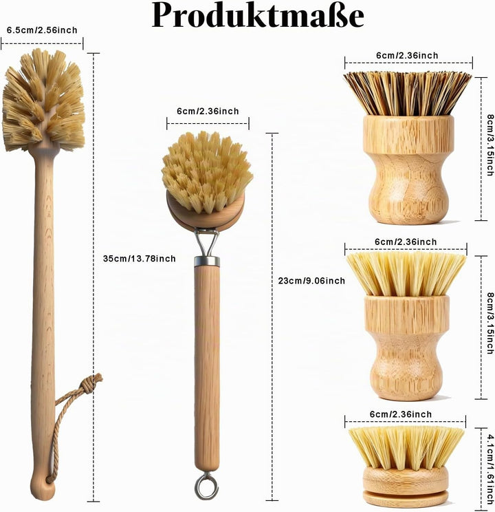 5 Stück Bambus Spülbürsten-mit Spülbürste Holz, 14’’ Flaschenbürste, Ersatzköpfen, Abwaschbürste*2 -