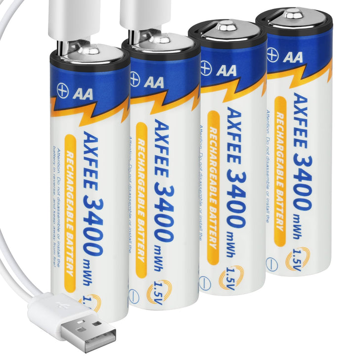 AXFEE Wiederaufladbare Lithium AA Akku, 4 Stück 1.5V 3400mWh USB-C AA Akkus Lithium mit 2-in-1 Ladek