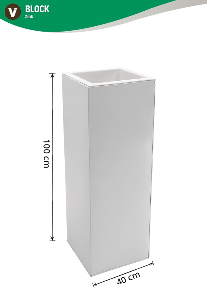 Einzel Zink Blumenkübel "Block" 100 cm, Weiss, inkl. Bewässerungsystem Weiss 100x40x40, Weiss 100x40