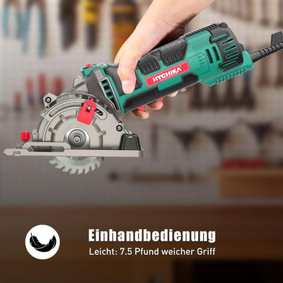 Mini Kreissäge, HYCHIKA Handkreissäge mit 3 Sägeblättern, Laserführung, Skalenlineal, 500W Motor aus