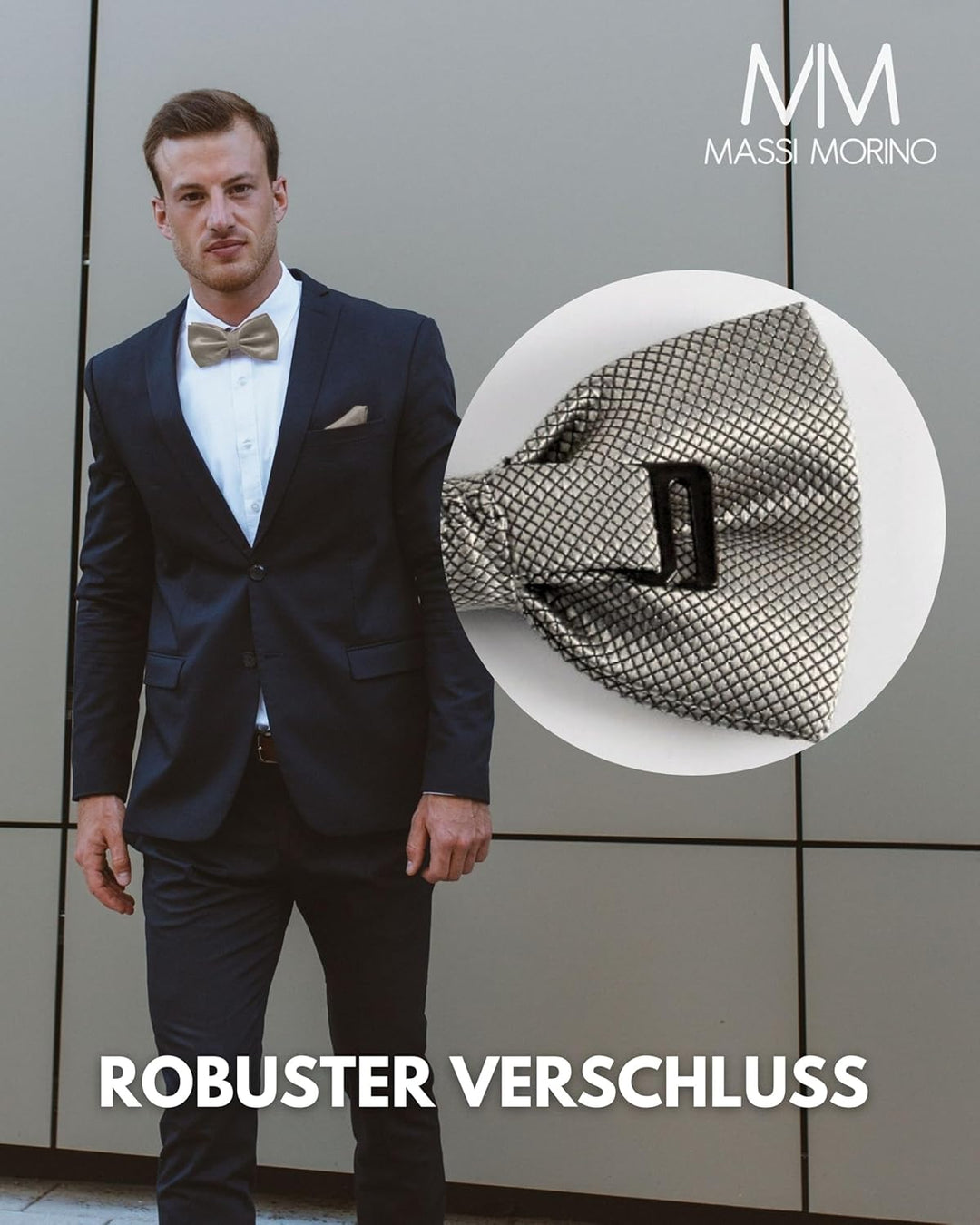 Massi Morino Fliege mit Einstecktuch für Herren Set - Anzug Herrenfliege zur Hochzeit - Verstellbare