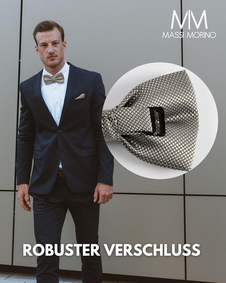 Massi Morino Fliege mit Einstecktuch für Herren Set - Anzug Herrenfliege zur Hochzeit - Verstellbare