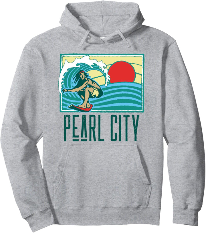 Pearl City Hawaii Vintage Surfer & Wave Retro Graphic Pullover Hoodie