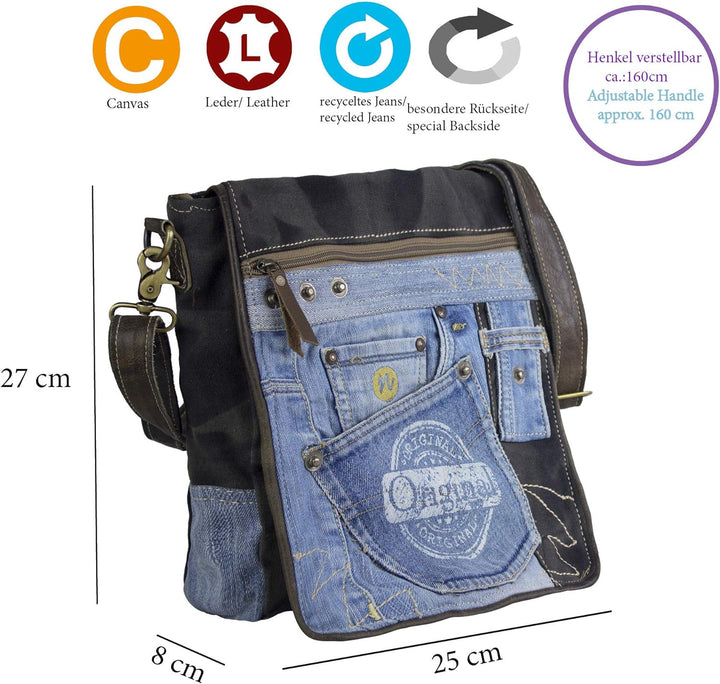 Sunsa nachhaltige Messenger Tasche. Umhängetasche aus recycelte Jeans & Canvas. Unisex Crossover Bag